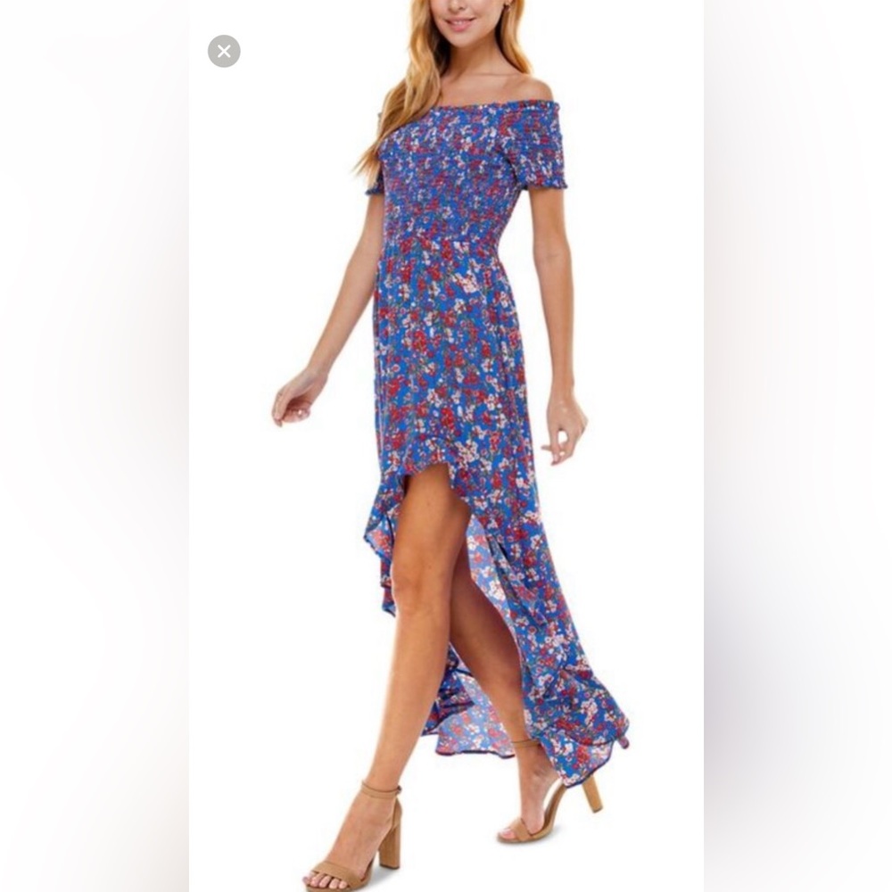 CRYSTAL DOLLS Womens Stretch Smocked Short Sleeve Off Shoulder Maxi Hi-Lo Dress